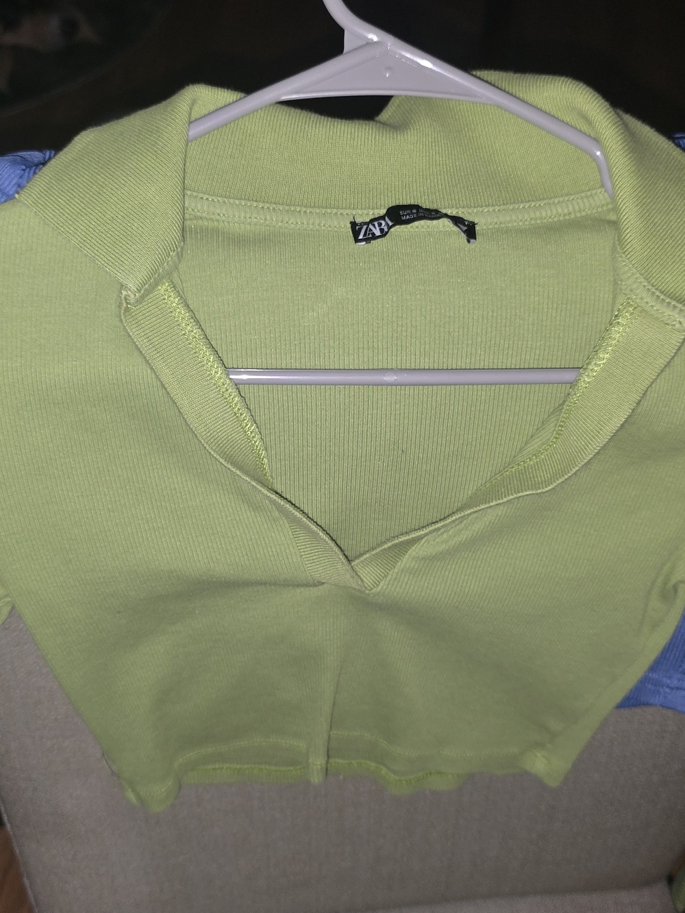 Zara Bright Lime Green Ribbed Polo Crop & Blue.